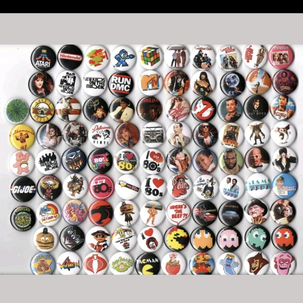 80s set of 96 1 inch buttons badges pins